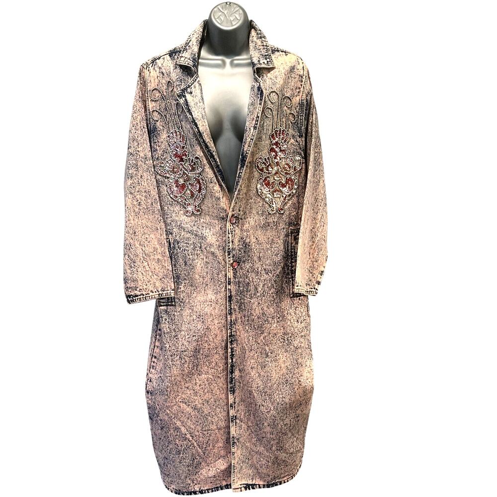 Designs USA Vintage Acid Washed Long Embellished Bejeweled Pink Denim Duster